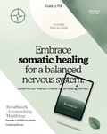 Promotional graphic for the Guidory Pdf 'Somatic Healing' guide, featuring a tablet displaying the book cover, a stylus, and a leaf on a soft sage green and white background with text reading 'Embrace somatic healing for a balanced nervous system.'.