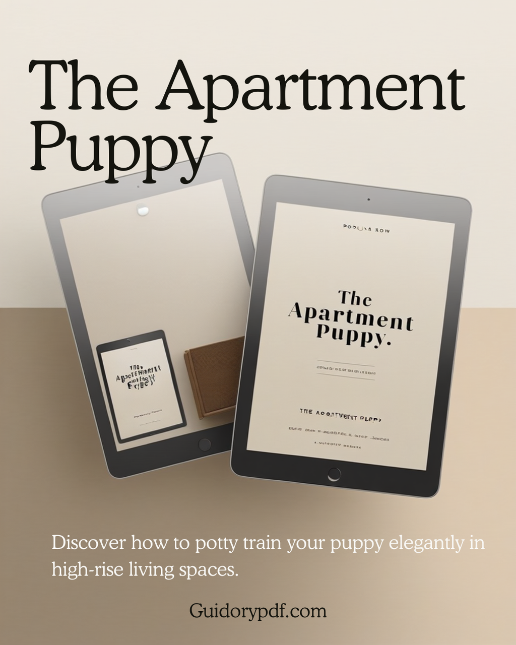 Promotional graphic for 'The Apartment Puppy' e-book or guide, shown on two tablet screens with a small physical copy in a pocket. Large title text appears at the top, and smaller descriptive text at the bottom reads, 'Discover how to potty train your puppy elegantly in high-rise living spaces.