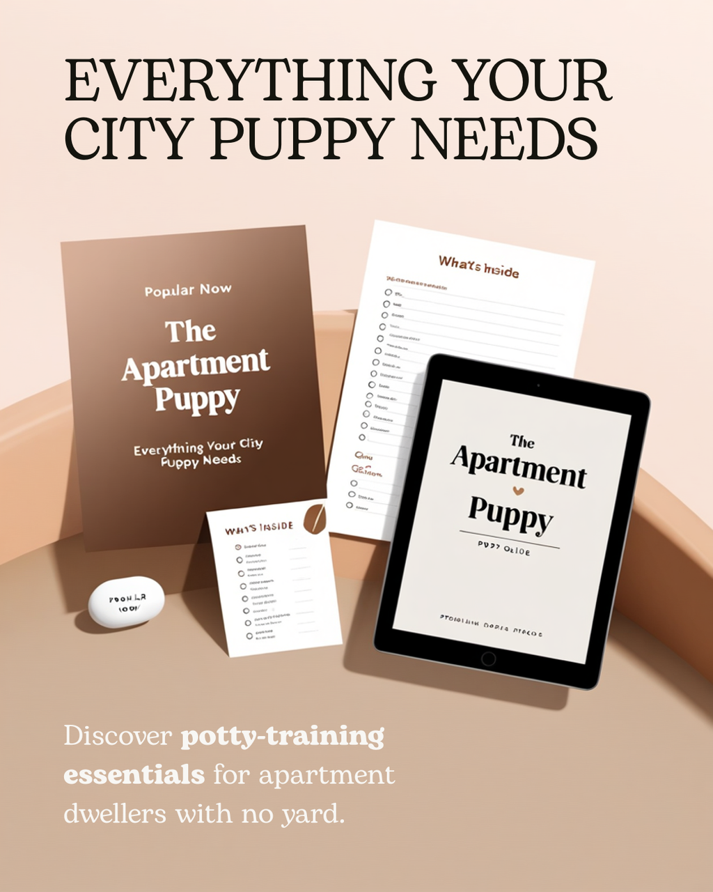 A promotional flat lay for 'The Apartment Puppy' digital product bundle, featuring a brown book, a white notebook, a small white potty training mat, and an e-reader tablet, all branded with 'The Apartment Puppy' on a warm beige background with text overlays.