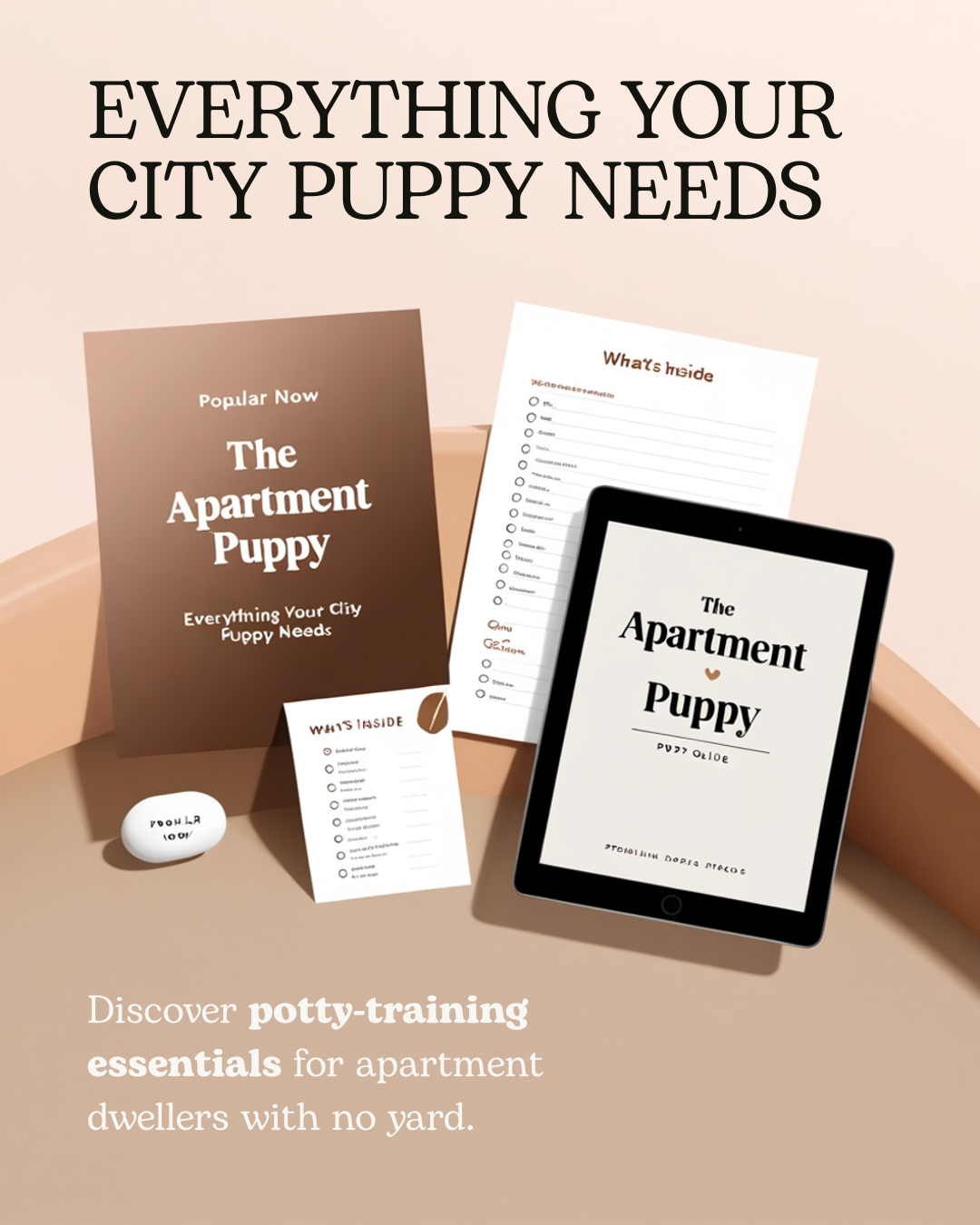 A promotional flat lay for 'The Apartment Puppy' digital product bundle, featuring a brown book, a white notebook, a small white potty training mat, and an e-reader tablet, all branded with 'The Apartment Puppy' on a warm beige background with text overlays.